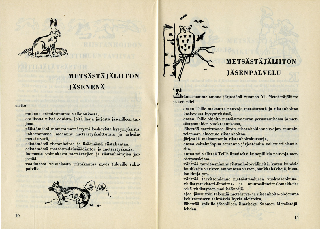 Liiton yleisesite Suomen Yleinen Metsästäjäliitto – sen toiminta ja päämäärä vuodelta 1955. Suomen Metsästysmuseo.
