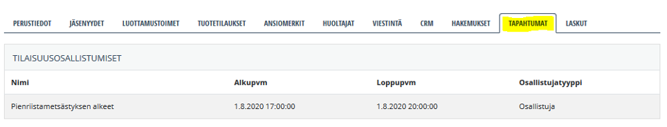 Tapahtumat asiakaskortilla